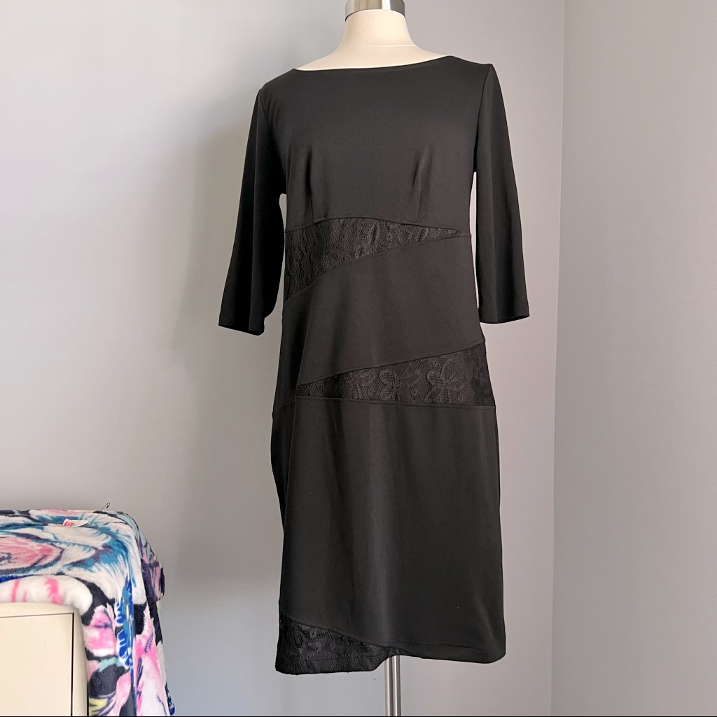 Ashley Stewart 12 Black Knit Shift Dress W/ Lace Insets 3/4 Length Sleeves